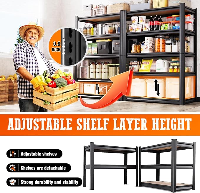 5 Pack Garage Shelving Heavy Duty 5T Storage Shelves, Metal Adjustable Shelving Unit, Utility Garage Organizer Shelf for Basement, Pantry, Kitchen, Warehouse, 71.2" Hx28 Wx12 D, Black