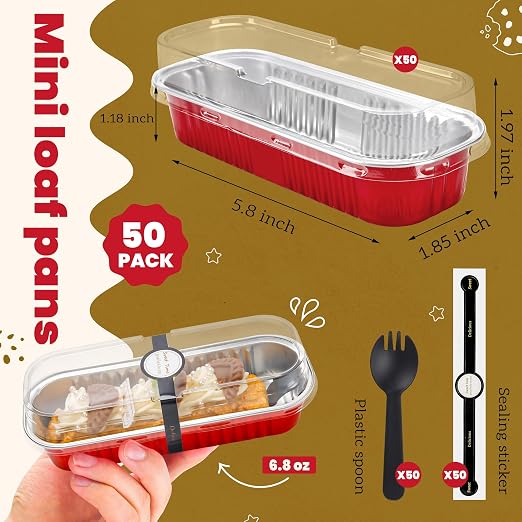 NPLUX 50 PACK Mini Cake Pans with Lids and Spoons, Rectangular Aluminum Foil Bread Pan, Mini Loaf Pans and Food Containers with Lids for Graduation Gifts Party Favors(Red, 6.8oz)