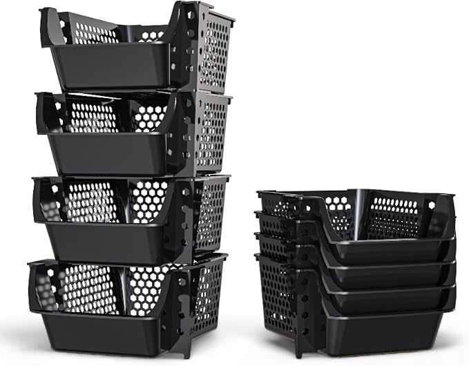 Skywin Stackable Storage Bins Open Front for Pantry Storage, 4 Pack - Black | Sturdy Plastic, Easy Stacking, Breathable & Open Front Design, Pantry Storage for Snacks, Toiletries, and Small Essentials