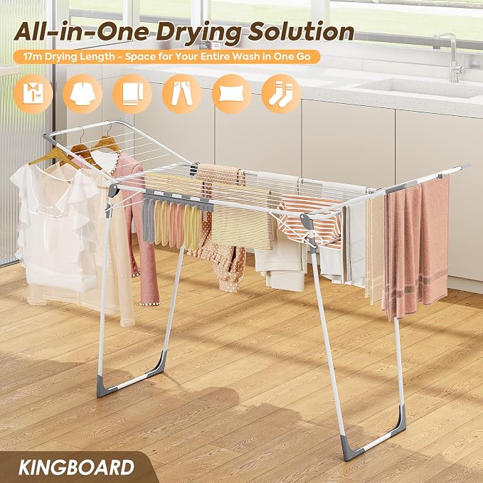 KINGBOARD Clothes Drying Rack, Gullwing Drying Rack with Sock Clips, White | For Family Laundry, Spacious Design with 2 Sturdy Frame Supports, Holds Up to 37lbs, Non-slip Feet, for Indoor/Outdoor Use