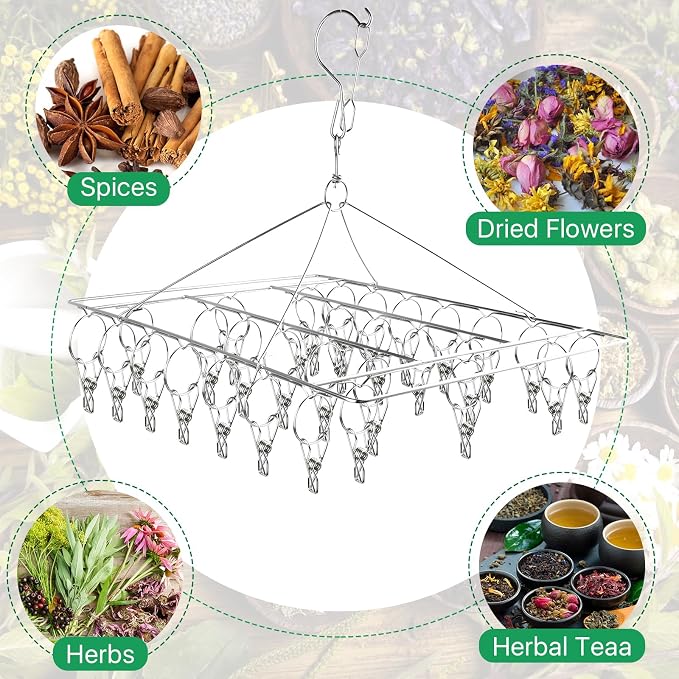 Herb Drying Rack for Drying Spices, Rustproof Dryer with 30 Hooks | 4 Pack, No Assembly Required, 360° Swivel Air Circulation, Space Saving Foldable, for Herbs Flowers Tea Balcony Outdoor Use