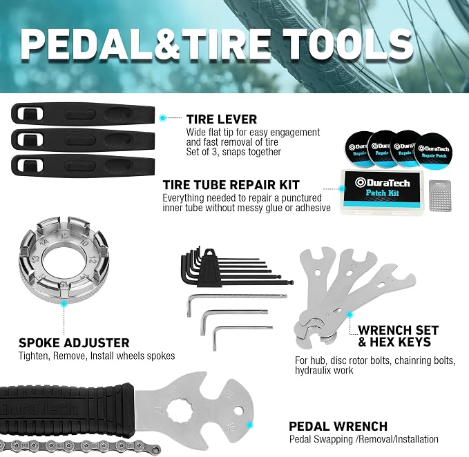 DURATECH 41 Pieces Bicycle Repair Tools, Bike Tools Kit with Storage Box | Mountain Bike Repair Tools, Chain Riveter, Tire Levers, Crank Puller