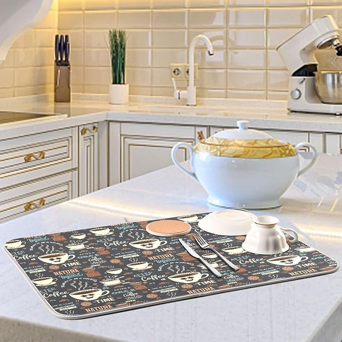 Coffee Maker Mat for Tabletop, Microfiber Dish Drying Mats Cafe Bar Kitchen Spill Mat 16x18 Inch Medium