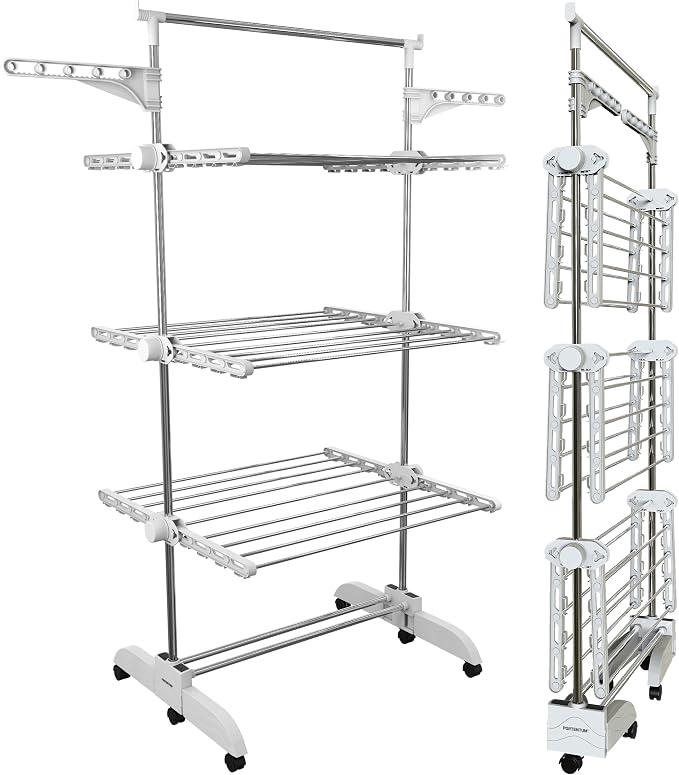 PORTENTUM Clothes airer drying rack – 5-Tier foldable to 14 cm with 58 hanger hooks – Up to 40 kg – horse-style dryer with 24 stainless-steel bars – Indoor and outdoor use – Swivel wheels with brake