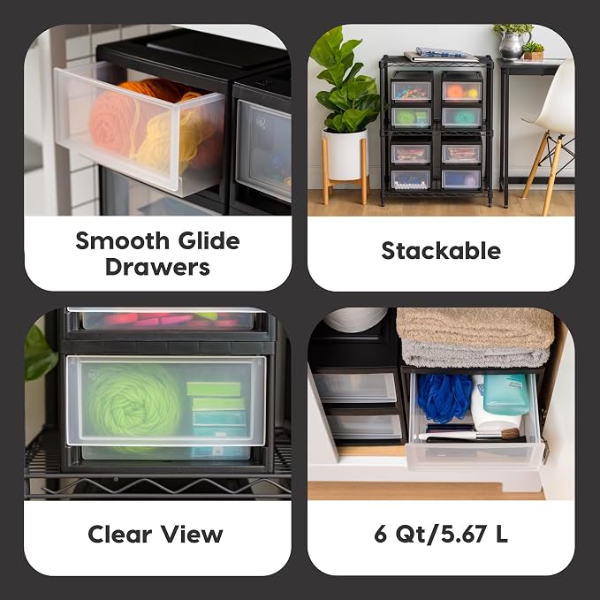 IRIS USA 4-Pack, 6 Qt. Small Stacking Drawer Storage Organizer, Black | Keep craft supplies, accessories, office items, and small essentials organized around your home for easy everyday storage