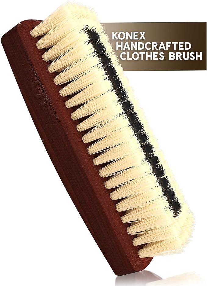 KONEX Dark Wood Lint Brush for Clothes, Cashmere, Handbags - Firm, Compact, Vintage Style - Synthetic Bristles, Beige Wood Handle