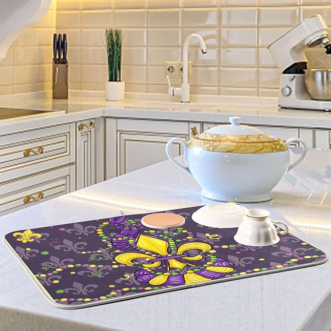 Happy Mardi Gras Purple Dish Drying Mat for Kitchen Countertop 16x18 Fleur de Lis Lobster Small Drying Mat Reusable Quick Dry Dish Sink Mats Easy Clean Decorative Essentials