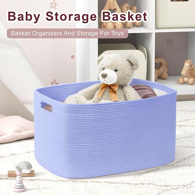 45L Small Woven Laundry Basket Hamper with Handles, Blue Purple | collapsible wicker hamper, storage for dirty clothes, toys, blankets, gifts, living room, bedroom, bathroom, 18"x14"x11"
