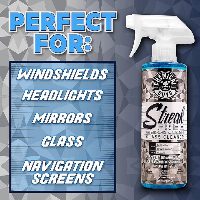 Chemical Guys Streak Free Window Clean Auto Glass Cleaner Bundle with Waffle Weave Microfiber Towel, Ammonia Free Spray Safe for Tinted Windows, Mirrors, Touchscreens and Plastics, 16 fl oz