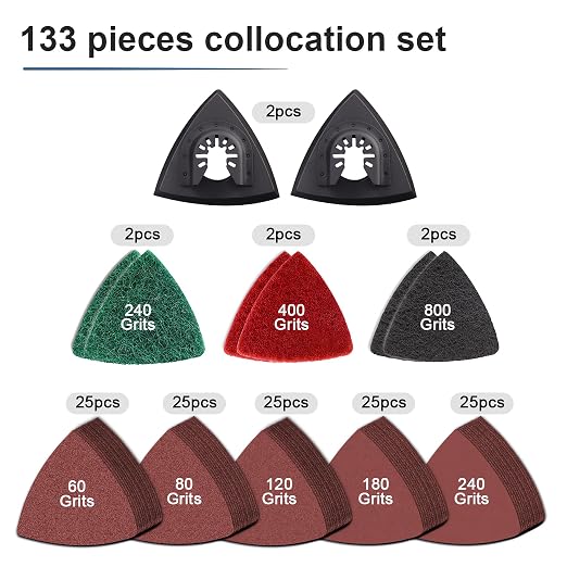 133 Pcs Oscillating Tool Sanding Pads Kit | 125 Sandpaper,2 Triangular Sanding Pads and 6 Triangular Scrubbing Pads for Wood Metal Plaster Surface Polishing Deburring