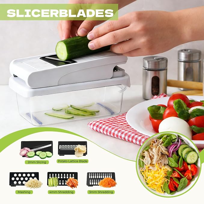 Veggie Chopper, Onion Dicer, Spiralizer & Storage Box | One press, easy cutting. 17 blades & tools includes cut-resistant glove. Perfect for salads, fries & meal prep.