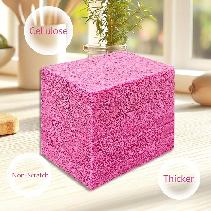 Cellulose Sponges, Large Size 4" x 6" x 1" - Heavy Duty Scrub Kitchen Sponge, Clean Tough Messes Without Scratching Kitchen Cleaning Pads, Pop Up Eco DIY (6 Pack), Pink