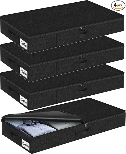 Under Bed Storage Container Bins 4 Pack, 4 Inch Thin Low Profile Underbed Clothes Storage Organizer for Dorm & Home, Use for Blanket and Toy Storage Box W/ Sturdy Bottom/Sides, Foldable Thick Fabric