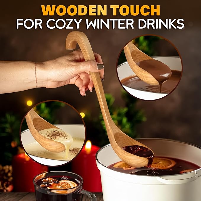 Wooden Ladle for Soup – 10.8×2.8" Deep Wood Ladle with 2.7 fl oz Capacity, Long Handle Hook-End & Lacquer Coating for Comfortable Grip – Easy-Clean Wooden Soup Spoon for Sauces, Stews & Kitchen Use
