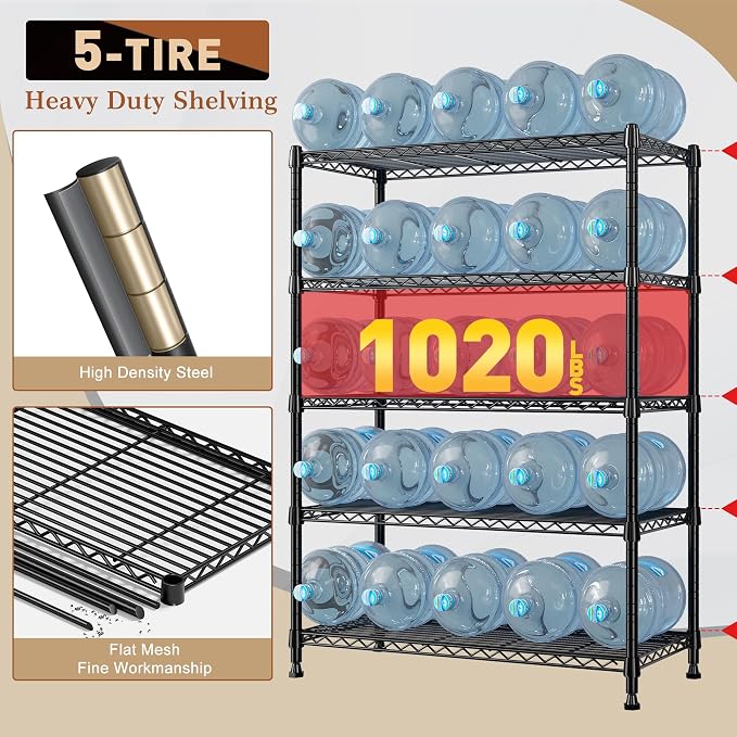 REIBII 5-Tier Wire Shelving Storage Shelves Metal Shelves,1020 LBS Adjustable Heavy Duty Metal Shelving Units and Storage for Garage Pantry Kitchen Bathroom 29" W X 14" D X 63" H