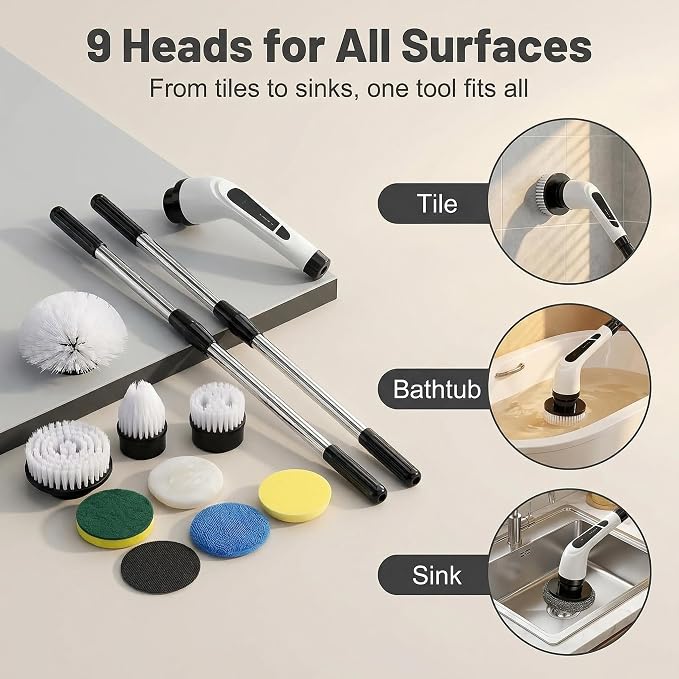 Versatile Ditch The Scrubbing! Long Handle Shower Scrubber Comes with 9 Replaceable Heads & Efficient 2 Speed Cordless Brush for Maximum Effect Long Battery Life!