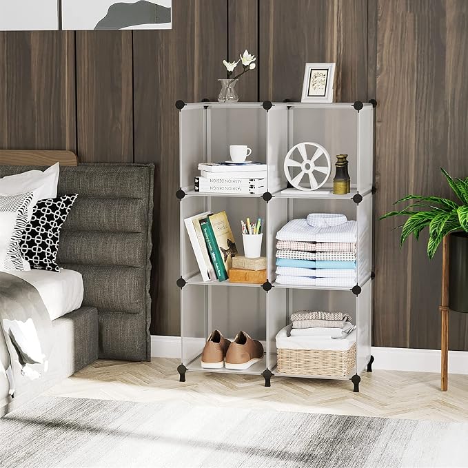 AWTATOS Closet Organizer 6 Cube Closet Storage Shelves DIY Stackable Clothes Storage Organizer Shelving for Closet Bedroom, Home, Translucent
