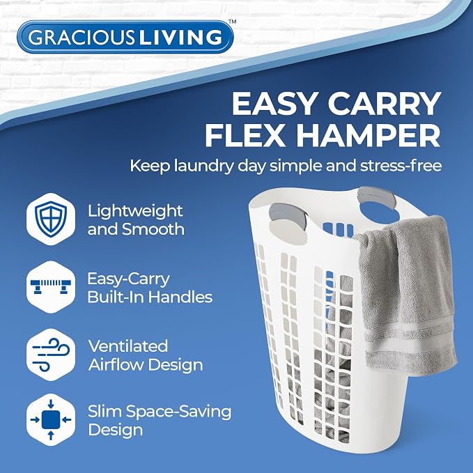 Gracious Living Laundry Basket, Easy Carry Flex Collapsible Hamper, 87.5L | Large Plastic Clothes Storage Organizer for Home, Bathroom, and Bedroom, White