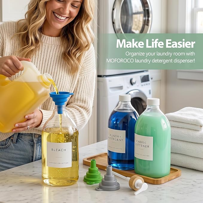 Moforoco 3 Pack White Liquid Laundry Detergent Dispenser with Bamboo Tray, 64 Oz Plastic Laundry Soap Dispenser, Fabric Softener Dispenser with Pump and Labels for Laundry Room Decor and Organization