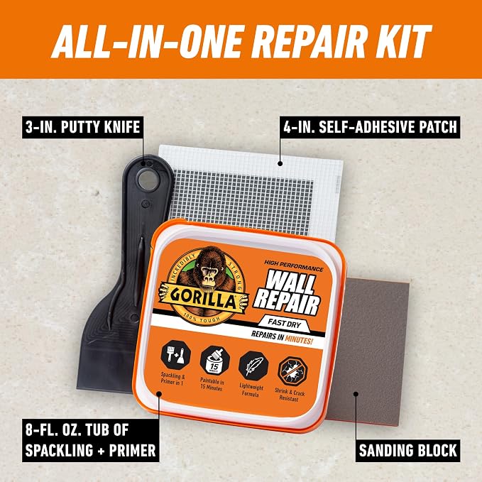GORILLA Wall Repair Kit, Heavy Duty Spackling, 8 fl oz Tub, 4 in Patch | Includes 3 in Putty Knife, Sanding Block, Lightweight Drywall Filler, Strong Repairs for Walls and Ceilings