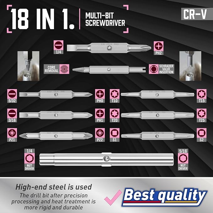 Amartisan 18-in-1 Multi-bit Screwdriver Set | Portable Multi-Purpose Screwdriver, Slotted/Philips/Pozi/Torx/Square,Nut Driver (Pink)