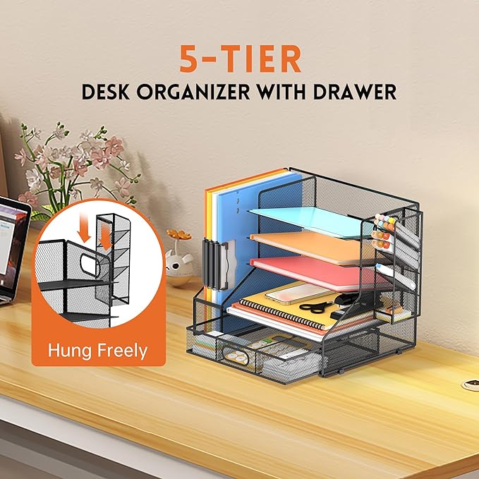 5-Tier Desk Organizer with File Holder & Pen Holder & Sliding Drawer, Black | Mesh Metal Paper Letter Tray for Papers, Mail, Office Supplies, and Desk Accessories