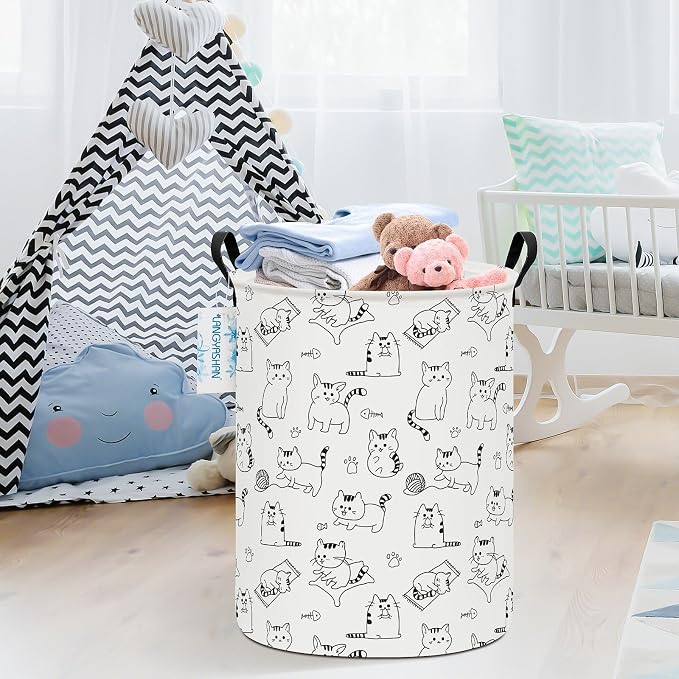 Round Laundry Basket Collapsible Storage Hamper Organizer Cat | Waterproof Canvas Foldable Baskets with sturdy Handles Multi-scene Organizer for Home Play Bedroom Gift Bin