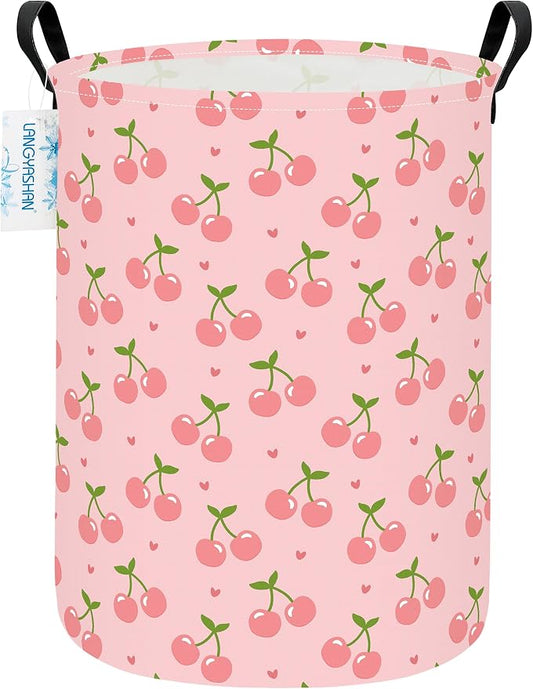 Round Laundry Basket Collapsible Storage Hamper Organizer Pink Cherry | Waterproof Canvas Foldable Baskets with sturdy Handles Multi-scene Organizer for Home Play Bedroom Gift Bin