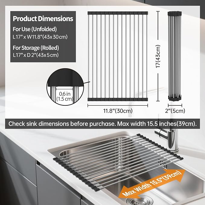 Roll Up Dish Drying Rack, 17" L x 11.8" W, Over The Sink Dish Drying Rack for Kitchen, Black
