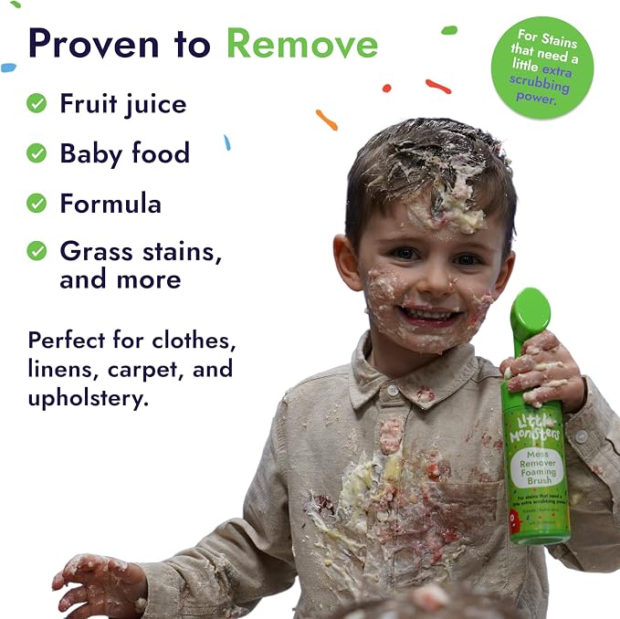 Little Monsters Mess Remover Foaming Brush, Kid-Friendly Stain Remover | 5 fl oz Foaming Laundry Stain Remover Brush; tackles tough stains on clothes, shoes, upholstery & more baby-safe formula