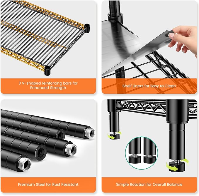 60" W Storage Shelves 2640 LBS Heavy Duty Garage Shelving, Adjustable Wire Shelving Metal Shelving with Liners, Fits 27-Gallon Totes, 60" W x 18" D x 68.4" H for Commercial Warehouse, Black