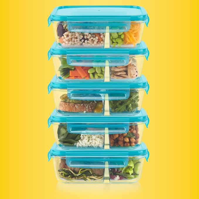 Pyrex Glass Meal Box (5-Pack, 4 Cup) Divided Compartments with Locking Lids, For Meal Prepping and Portioning, BPA Free Microwave Dishwasher Safe