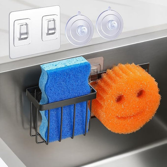 LANDNEOO [Space Saving] Sponge Holder for Kitchen Sink, Great for Scrub Daddy/Scrub Mommy Sponges, Rust-proof Sink Sponge Caddy Organizer for Dish Brush, Scrubber - with Suction Cups & Hooks, Black