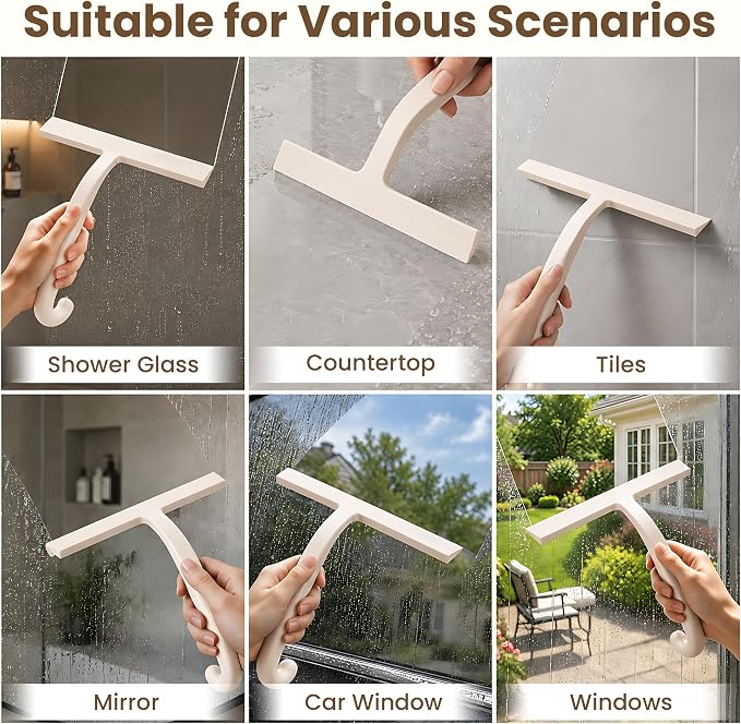 Shower Squeegee for Glass Doors - 10 Inch Bathroom Squeegee with Ergonomic Round Grip, Built-in Hook, Streak-Free No-Squeak Silicone Blade for Shower Glass, Tile Walls, Mirrors & Windows, White