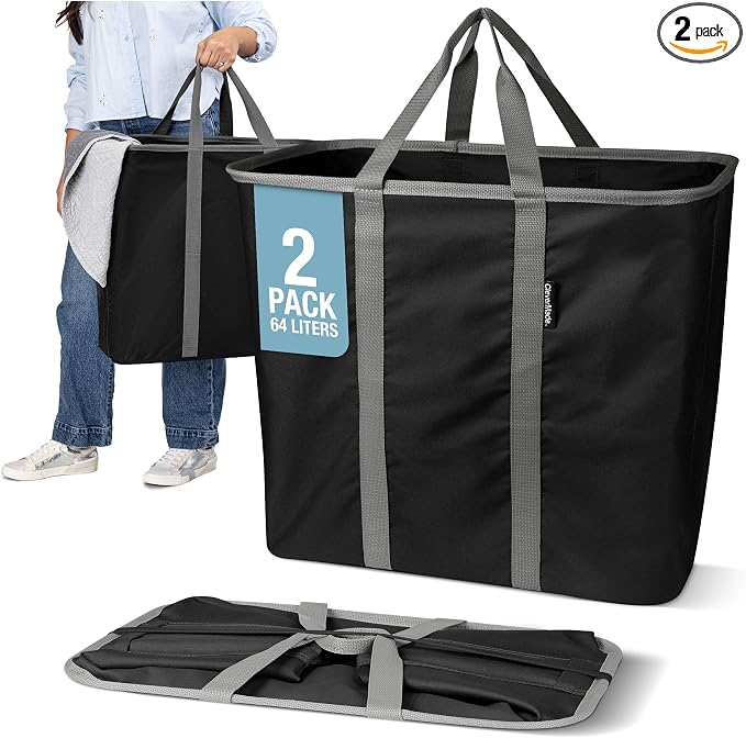 CleverMade Collapsible Laundry Caddy, 64L, 2 Pack, Black Gray | A reinforced rim and base keep it upright for loading. Comfortable handles move up to 2 full loads, then it folds flat.