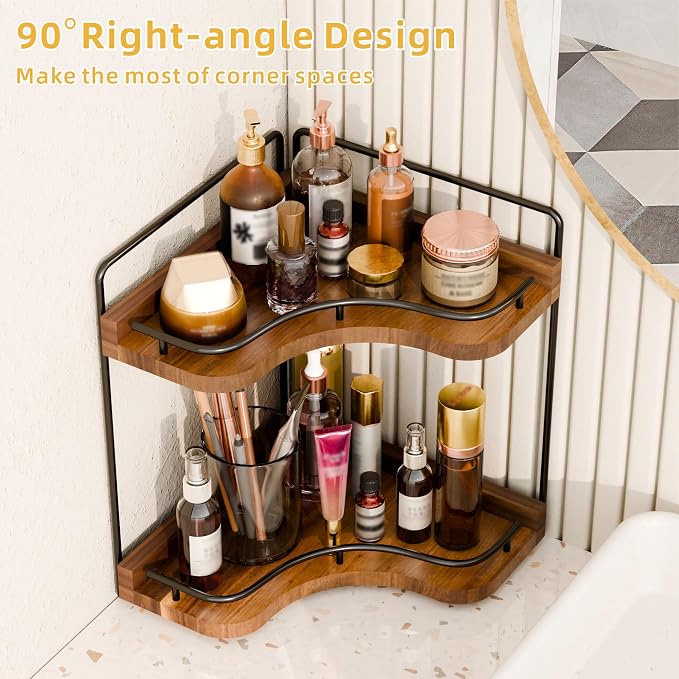 2-Tier Corner Bathroom Counter Organizer, Larger Size | Embedded Screw Holes, Sturdy & Stable, Oversized, Holds More, Vanity Shelf for Makeup & Skincare, Acacia wood-Brown