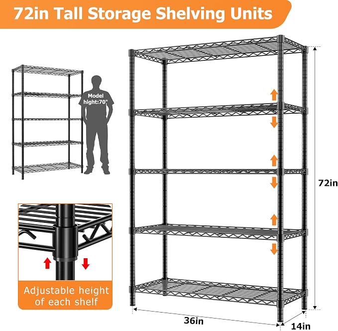 ROOMTEC 5-Tier Wire Shelving Unit,36" W*14" D*72" H, Max Load 1750LBS | Adjustable Storage Shelves, Small Garage Shelving, Metal Shelf Rack for Kitchen, Laundry, Pantry, Warehouse, Basement