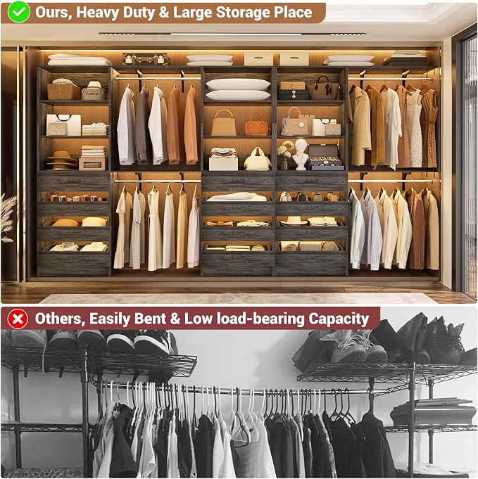 Aheaplus Closet System with 12 Drawers, 138.5" Wood Closet Organizer System with 4 Hanging Rods & Top Shelves, 6.7+4.85Ft L Shaped Corner Walk-in Closets Wardrobe Organizer Rack, Set of 3, Black Oak