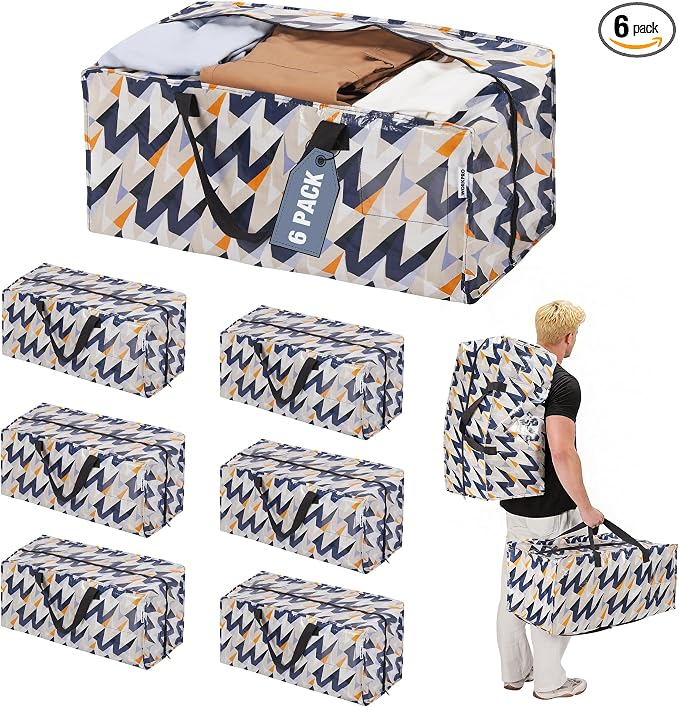 WORKPRO 6 Pack Extra Large Moving Bags with Backpack Straps & Handles | Heavy Duty Moving Storage Bags, W - Alphabet Printing, Double Zippers for Moving, Dorm, Closet Storage & Travel