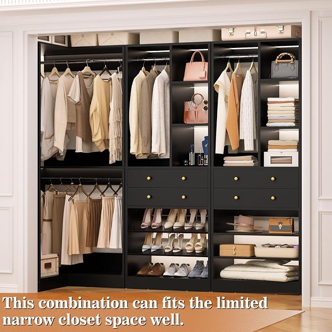 Besiost Closet System with 4 Drawers and Hanging Rods, 59.5"L / 87"L Closet Organizer System with Corner Tower, L Shaped Walk-in Closet System, Corner Closet System with Shelves, Set of 3, Black