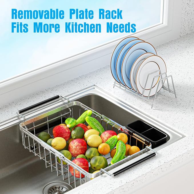Expandable Over The Sink Dish Drying Rack, Anti-Rust Stainless Steel in Sink Dish Drainer with Cutlery Holder, Counter Space Saving Sturdy Sink Drying Rack for Many Kitchen Drain Task
