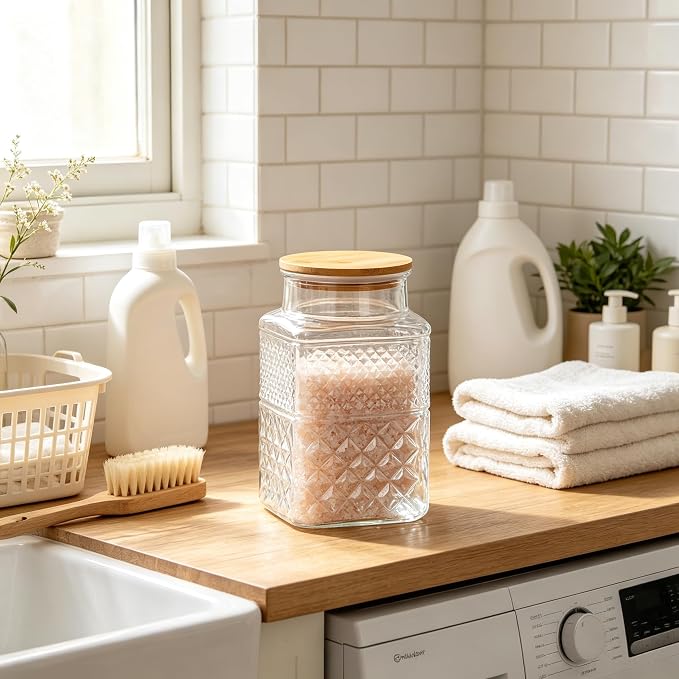 Large Glass Storage Jar, 60 FL OZ Glass Food Storage Containers with Bamboo Lid, Kitchen Laundry Room Organization Jar for Cookies Coffee Flour Sugar Laundry Pods Detergent Airtight Glass Jars