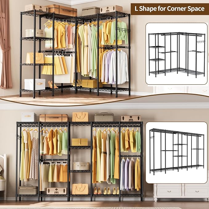 Golpart Heavy Duty Clothes Rack Metal Wardrobe with Adjustable Wire Shelves | Closet Organizers and Storage Clothing Rack Metal System Freestanding Hanging Clothes System Free Standing Garment Coat Racks