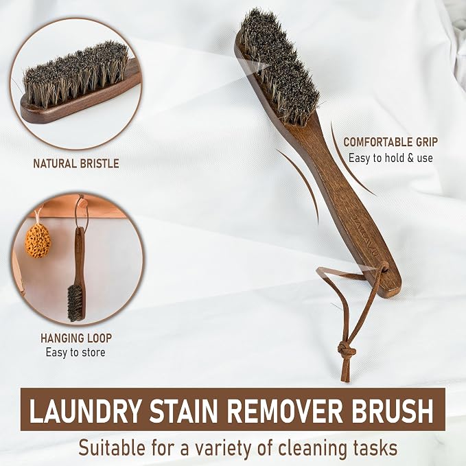 TAKAVU Horsehair Laundry Stain Brush Set, 2 Pack, Soft Bristle | Spot & Pre-Wash Cleaner for Delicate Fabrics, Clothes & Garments, Gentle Fabric Care, Removes Set-In Stains, Travel Use