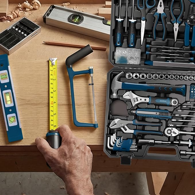 Enventor Tool Set with Molded Storage Case, 220 Pieces, Blue | 24-tooth Ratchet, Metric Sockets, Extension Bar and Adapter, for Home Repairs, DIY Projects and Auto Maintenance