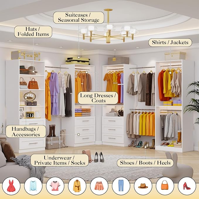 Closet System with 4 Sets, 8-21FT Closet Organizer System with 9 Drawers & 6 Shelves & 8Hanging Rods, Custom L-Shaped Walk in Closet Organizers and Storage System, Modular Closet Shelving System,White