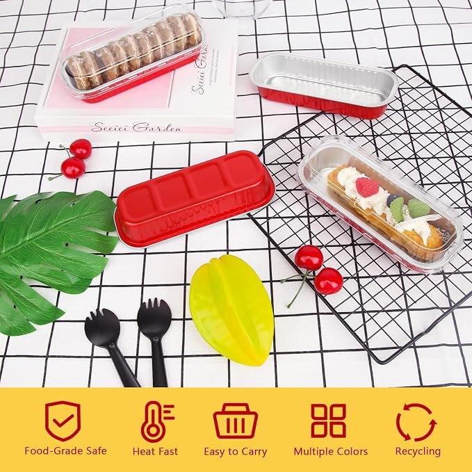 LNYZQUS Mini Cake Pans with Lids 100 Pack,Individual Foil Baking Tins,Disposable Mini Loaf Pans Small Cakes Tin Cupcake Containers for Children's Day Bake Sale-Red,6.8oz