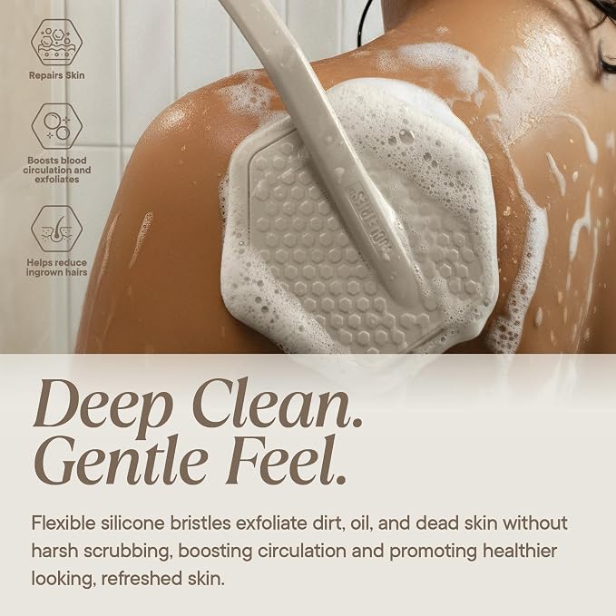 TOOLETRIES Silicone Back Scrubber for Shower, Bath Brush - Sand | Long ergonomic handle and non-slip grip make exfoliating hard-to-reach areas simple and comfortable.