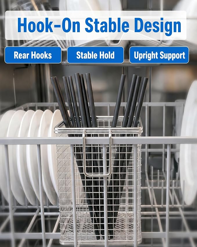 2Pcs Chopstick Holder, 304 Stainless Steel Dishwasher Chopstick Basket with Hooks, Straw & Silverware Drying Rack for Organizing Knife, Fork, Spoons and Small Kitchen Tools