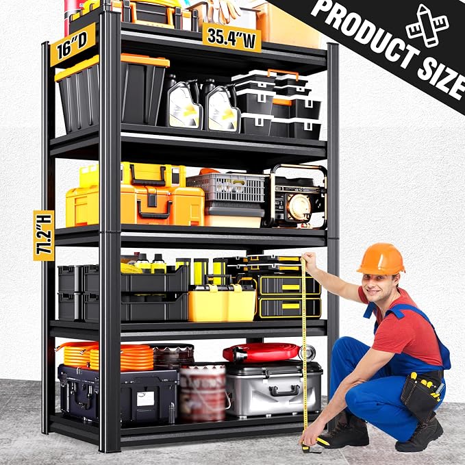 Heavy Duty Garage Shelving, 5-Tier Adjustable All Metal Storage Rack for Tools, Storage Bins Utility Steel Shelf for Garage, Warehouse, Basement, Pantry & Workshop, 71" H x 35" W x 16" D
